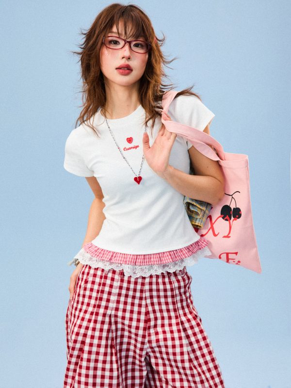 Double-Layered Spliced Short Sleeve T-Shirt for Women - American Style Sweet Girl Summer Slim Fit Top