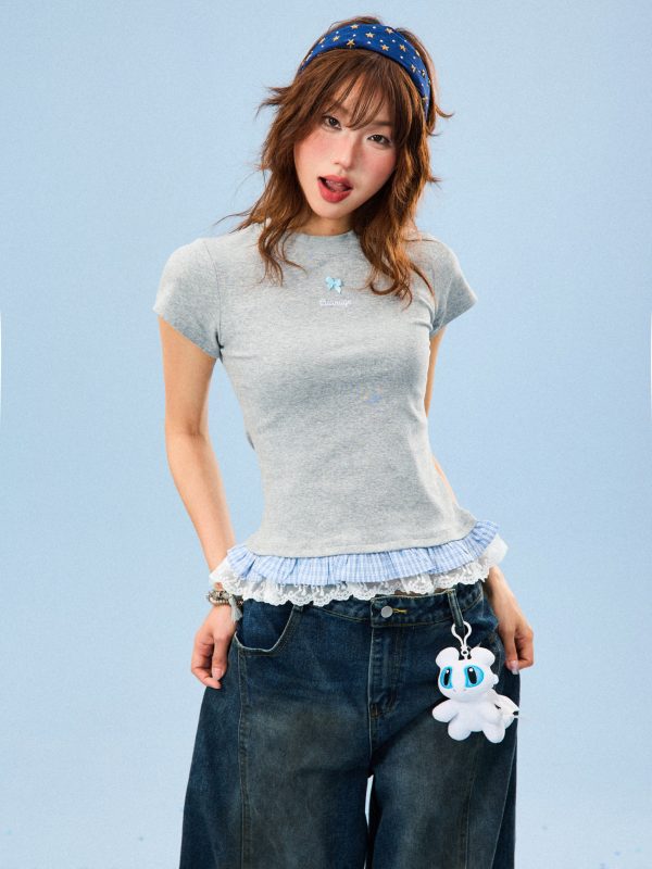 Double-Layered Spliced Short Sleeve T-Shirt for Women - American Style Sweet Girl Summer Slim Fit Top