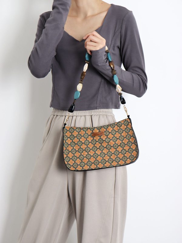 Double-Sided Floral Retro Underarm Bag with Beaded Strap, Vintage Chinese Style Hanfu Crossbody Bag, Unique Niche Design