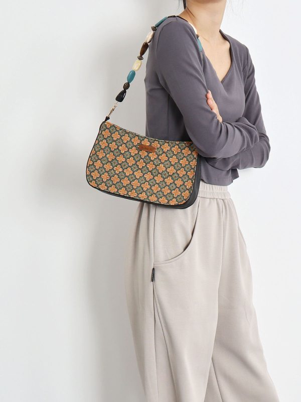 Double-Sided Floral Retro Underarm Bag with Beaded Strap, Vintage Chinese Style Hanfu Crossbody Bag, Unique Niche Design
