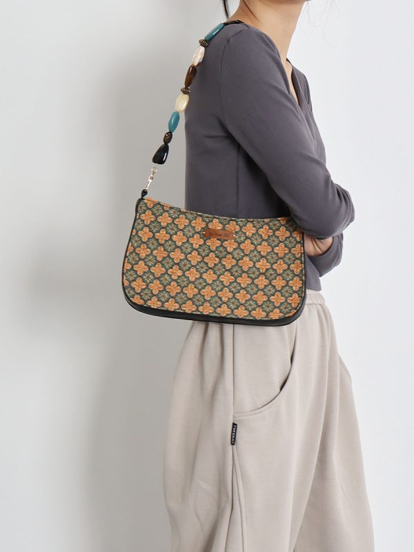 Double-Sided Floral Retro Underarm Bag with Beaded Strap, Vintage Chinese Style Hanfu Crossbody Bag, Unique Niche Design