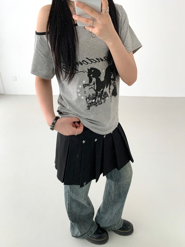 Dream Horse Print Color-Block Asymmetrical One-Shoulder T-Shirt for Women - Summer Loose Casual Short Sleeve Top, Y2K Style