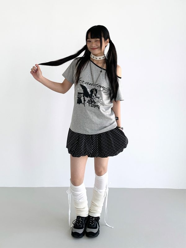 Dream Horse Print Color-Block Asymmetrical One-Shoulder T-Shirt for Women - Summer Loose Casual Short Sleeve Top, Y2K Style