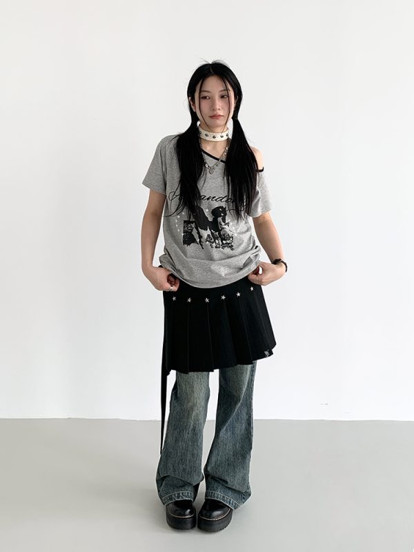 Dream Horse Print Color-Block Asymmetrical One-Shoulder T-Shirt for Women - Summer Loose Casual Short Sleeve Top, Y2K Style