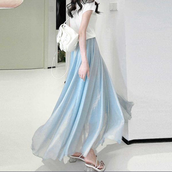 Dreamy High-Waisted Soft Smoke Chiffon Maxi Skirt - Light and Hazy Luster, Flowing Eight-Meter Swing Style for Spring and Summer