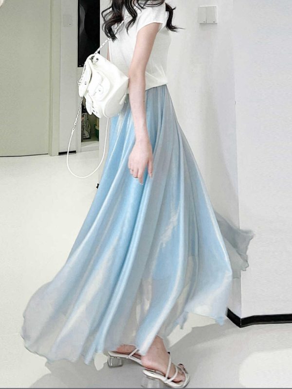Dreamy High-Waisted Soft Smoke Chiffon Maxi Skirt - Light and Hazy Luster, Flowing Eight-Meter Swing Style for Spring and Summer