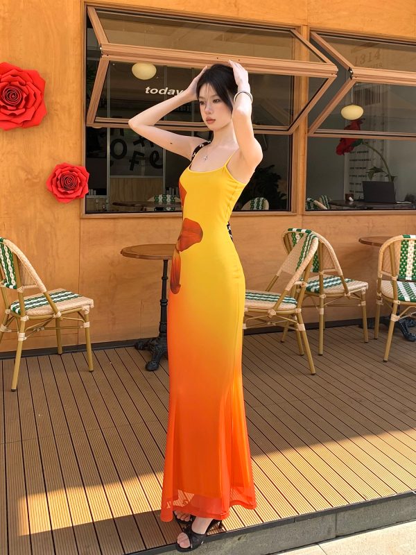 Ecological Gradient Floral Fishtail Dress - Reversible Design, 3D Flower Details, Perfect for Sunset Strolls, Y2K Style
