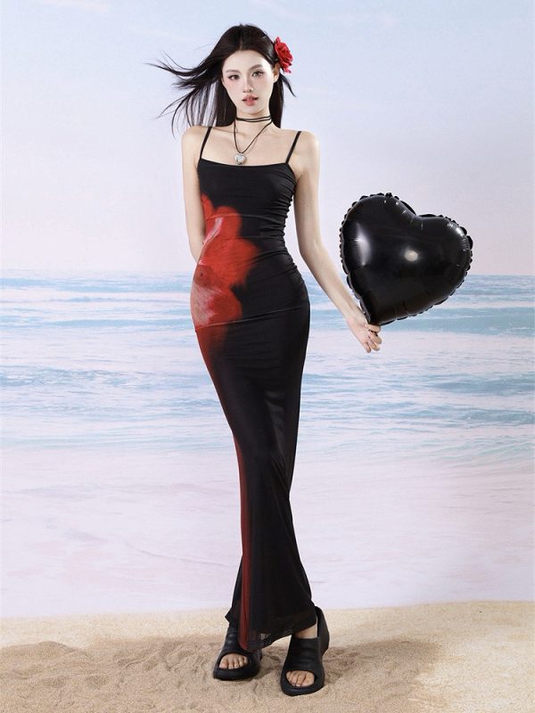 Ecological Gradient Floral Fishtail Dress - Reversible Design, 3D Flower Details, Perfect for Sunset Strolls, Y2K Style