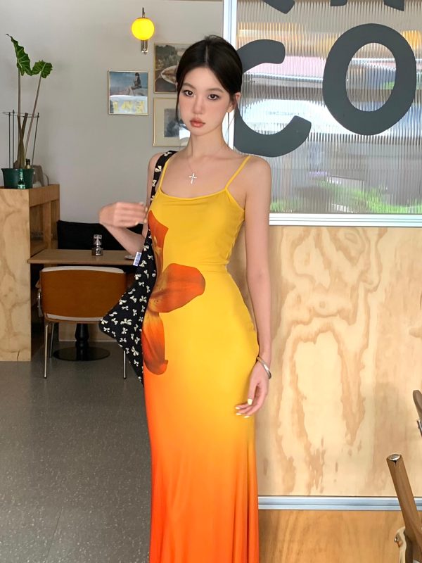 Ecological Gradient Floral Fishtail Dress - Reversible Design, 3D Flower Details, Perfect for Sunset Strolls, Y2K Style