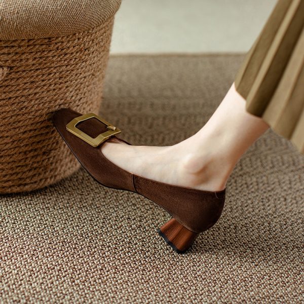 Elegant All-Leather Chunky-Heeled Shallow Mouth Shoes with Metal Square Buckle - Chic Italian Style High Heels
