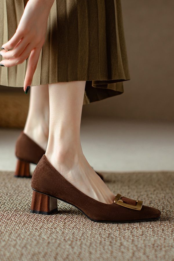Elegant All-Leather Chunky-Heeled Shallow Mouth Shoes with Metal Square Buckle - Chic Italian Style High Heels
