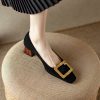 Elegant All-Leather Chunky-Heeled Shallow Mouth Shoes with Metal Square Buckle - Chic Italian Style High Heels