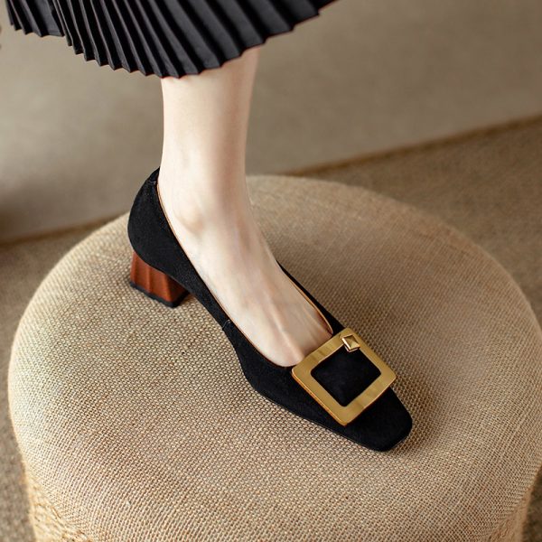 Elegant All-Leather Chunky-Heeled Shallow Mouth Shoes with Metal Square Buckle - Chic Italian Style High Heels