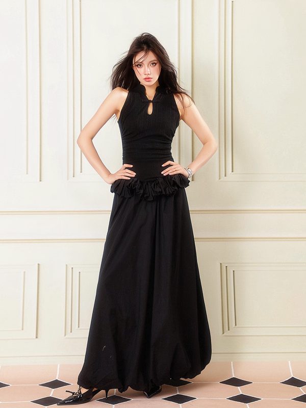Elegant Black Chinese Style Buttoned Puff Long Skirt - Slimming Hollow-Out Design, Perfect for Formal Ceremonies and Events
