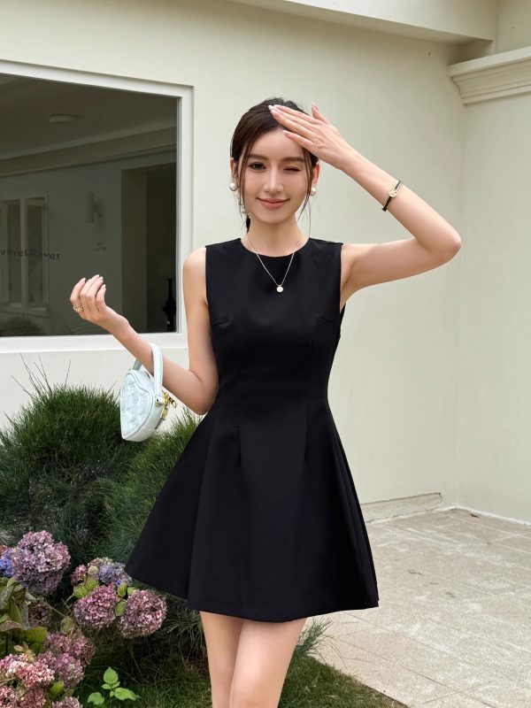 Elegant Black Sleeveless Dress - Light Fabric Hepburn Style Little Black Dress for Summer with Short Waist Skirt