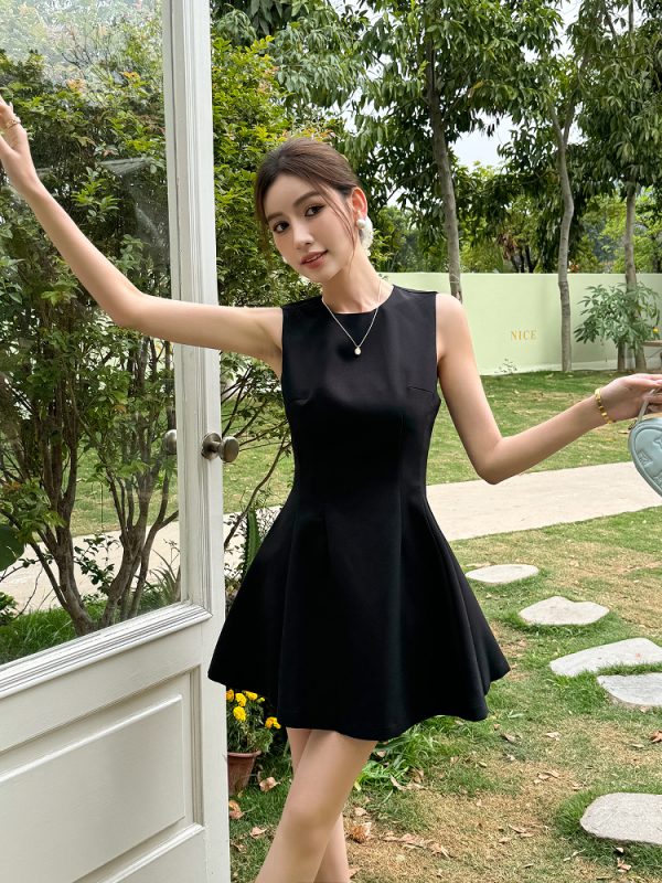 Elegant Black Sleeveless Dress - Light Fabric Hepburn Style Little Black Dress for Summer with Short Waist Skirt