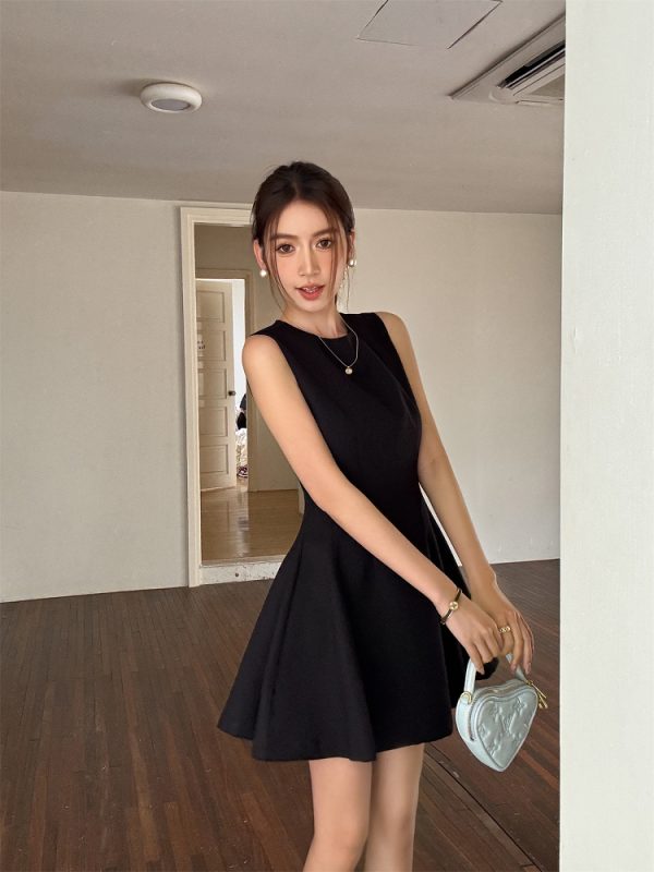 Elegant Black Sleeveless Dress - Light Fabric Hepburn Style Little Black Dress for Summer with Short Waist Skirt