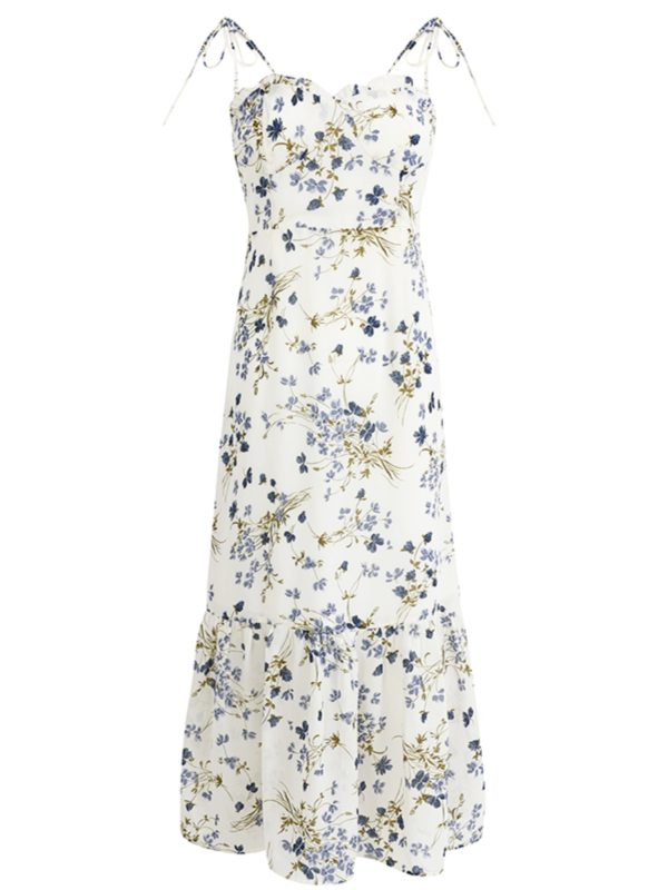 Elegant Floral Spaghetti Strap Long White Dress - French Style Summer Vacation 2025 Women's Fashion