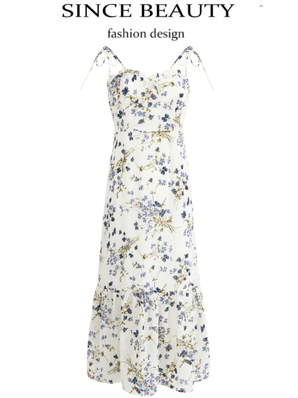 Elegant Floral Spaghetti Strap Long White Dress - French Style Summer Vacation 2025 Women's Fashion