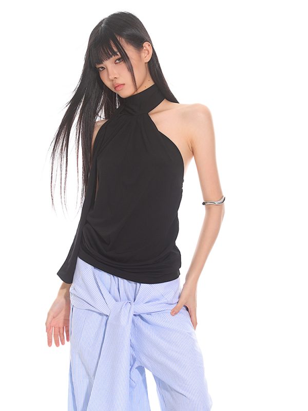 Elegant High-End Ribbon Neck Hanging Waist Vest Outerwear Top for Women - 2025 Early Autumn Style, Chic Fashion Essential
