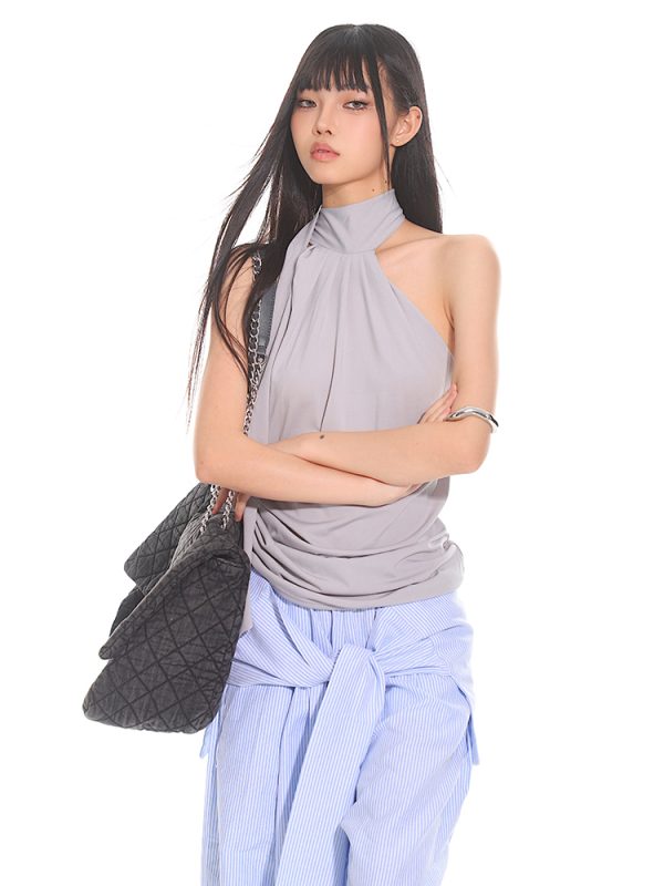 Elegant High-End Ribbon Neck Hanging Waist Vest Outerwear Top for Women - 2025 Early Autumn Style, Chic Fashion Essential
