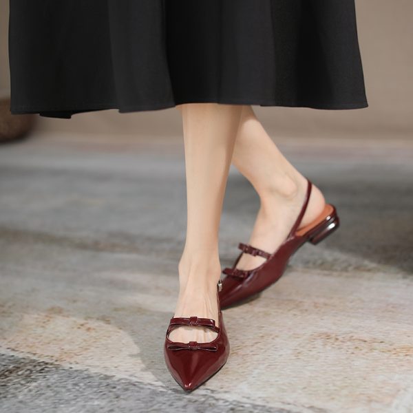 Elegant Literary Genuine Leather Pointed Toe Bow Sandals for Women - Low Chunky Heel - Midnight Opera House Style