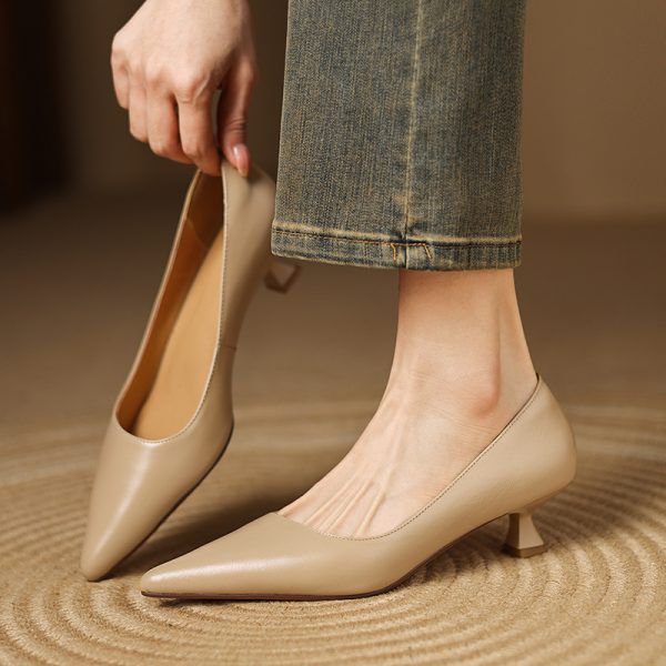Elegant Minimalist Genuine Leather Pointed Toe Kitten Heel Shoes for Women - Office Professional Commuter Style
