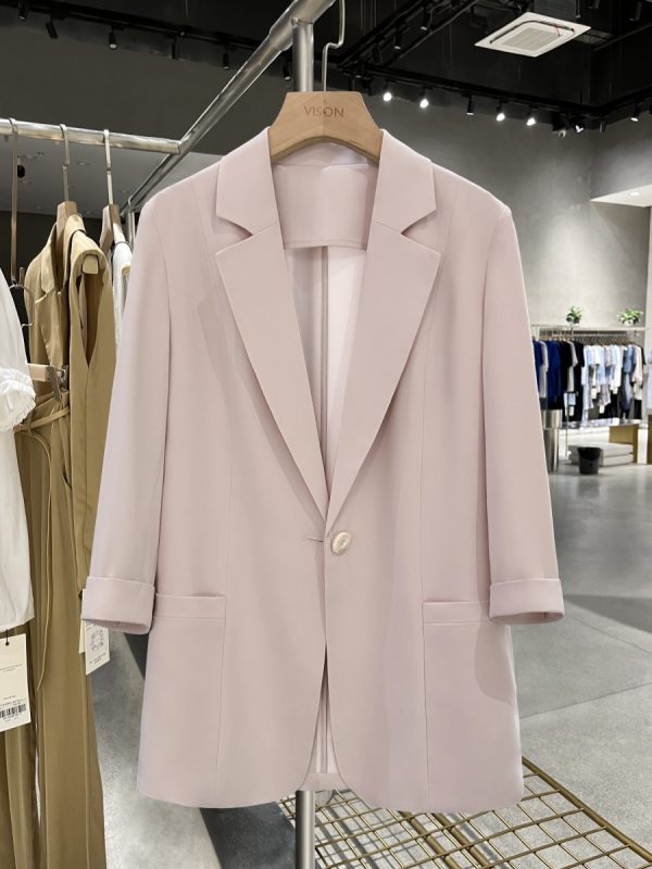 Elegant Nude Pink Blazer Jacket for Women - Thin Summer Style with Three-Quarter Sleeves, Trendy Fashion 2025
