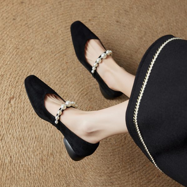 Elegant Pearl Mary Jane Shoes for Women - French Style Suede Square Toe Wedge Heels, Chic Fashion Footwear for Any Occasion