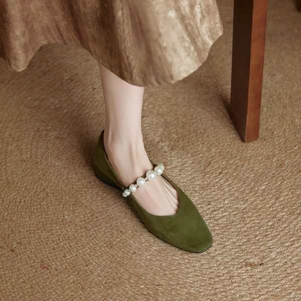Elegant Pearl Mary Jane Shoes for Women - French Style Suede Square Toe Wedge Heels, Chic Fashion Footwear for Any Occasion