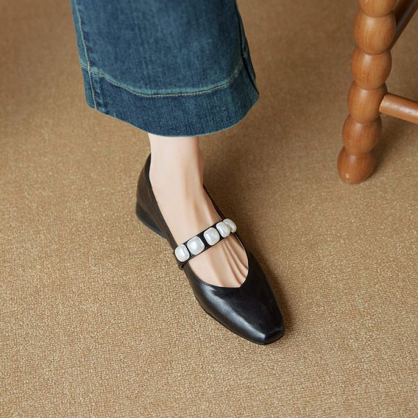 Elegant Pearl One-Strap Mary Jane Shoes for Women - Versatile Shallow Mouth Flats, Chic Italian Style