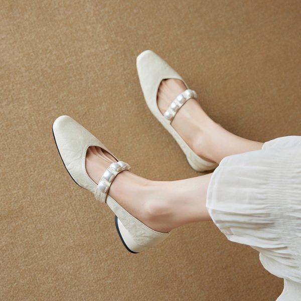 Elegant Pearl One-Strap Mary Jane Shoes for Women - Versatile Shallow Mouth Flats, Chic Italian Style
