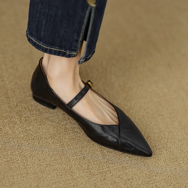 Elegant Retro Chunky Heel Mary Jane Shoes for Women - Pointed Toe One-Strap Flats for Commuting, Vintage Style Footwear