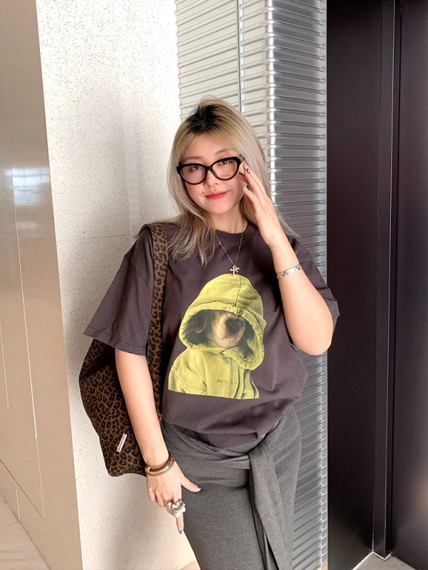 Elegant Round Neck Short Sleeve Dog Print T-Shirt for Women - Versatile Spring/Summer Fashion Top, Perfect for Casual 90s Y2K Style