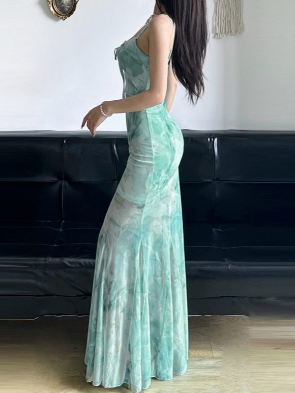 Elegant Sparkling Blue Fish Tail Long Dress for Women - Strapless & Spaghetti Strap, Waist-Cinching, Body-Shaping, Y2K Style
