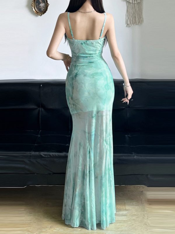 Elegant Sparkling Blue Fish Tail Long Dress for Women - Strapless & Spaghetti Strap, Waist-Cinching, Body-Shaping, Y2K Style
