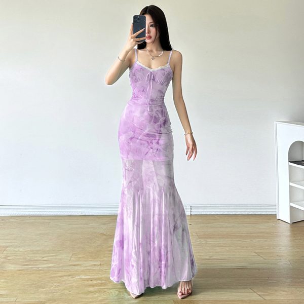 Elegant Sparkling Blue Fish Tail Long Dress for Women - Strapless & Spaghetti Strap, Waist-Cinching, Body-Shaping, Y2K Style