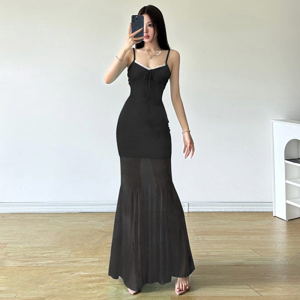 Elegant Sparkling Blue Fish Tail Long Dress for Women - Strapless & Spaghetti Strap, Waist-Cinching, Body-Shaping, Y2K Style