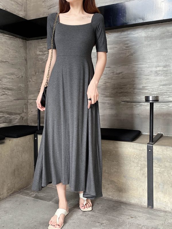 Elegant Vintage A-Line Dress with Flared Hem, Slimming Mid-Sleeves, High-Waisted Ribbed Cotton for Summer 2025