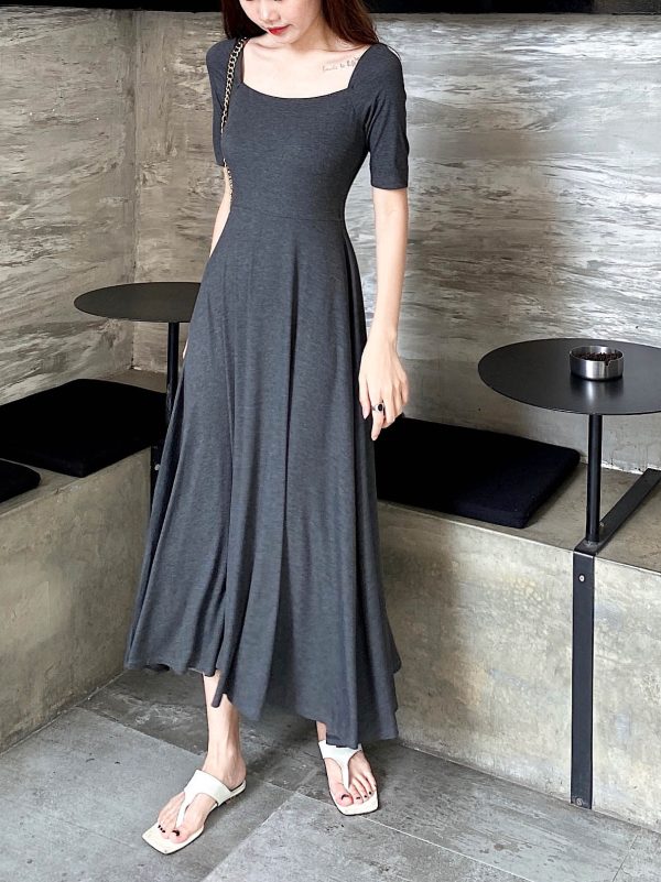 Elegant Vintage A-Line Dress with Flared Hem, Slimming Mid-Sleeves, High-Waisted Ribbed Cotton for Summer 2025