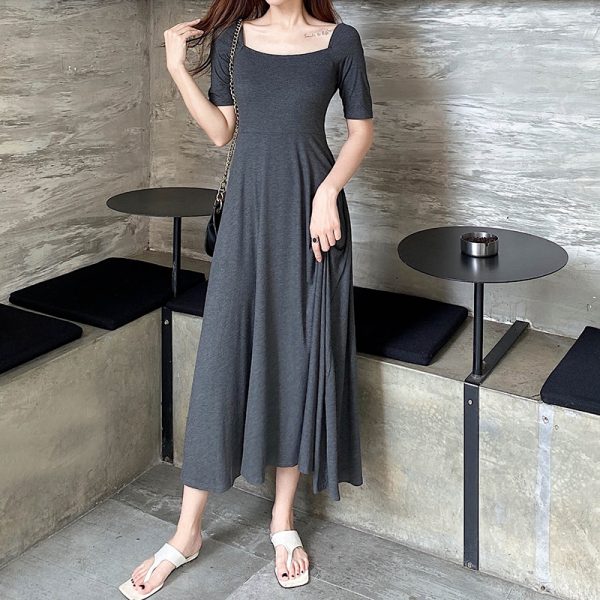 Elegant Vintage A-Line Dress with Flared Hem, Slimming Mid-Sleeves, High-Waisted Ribbed Cotton for Summer 2025