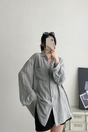 Elegant Women's Long Sleeve Tie-Dye Shirt in Sun Grapefruit with Lapel, Casual Loose Fit, Summer Sun-Protective Style