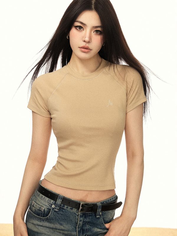 Embroidered American Letter Short Sleeve Cropped T-Shirt for Women, Slim Fit Summer 2025 Style, Trendy Y2K Fashion