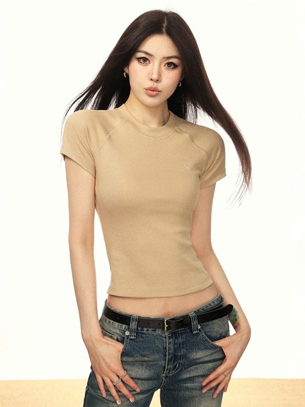 Embroidered American Letter Short Sleeve Cropped T-Shirt for Women, Slim Fit Summer 2025 Style, Trendy Y2K Fashion