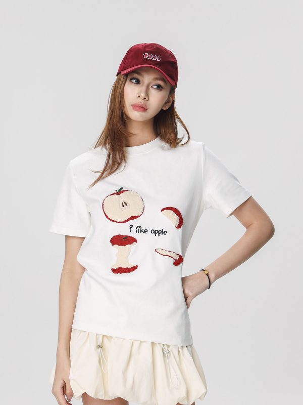 Embroidered Apple Short Sleeve T-Shirt for Women - Summer 2025 Beer Captain American Style Top