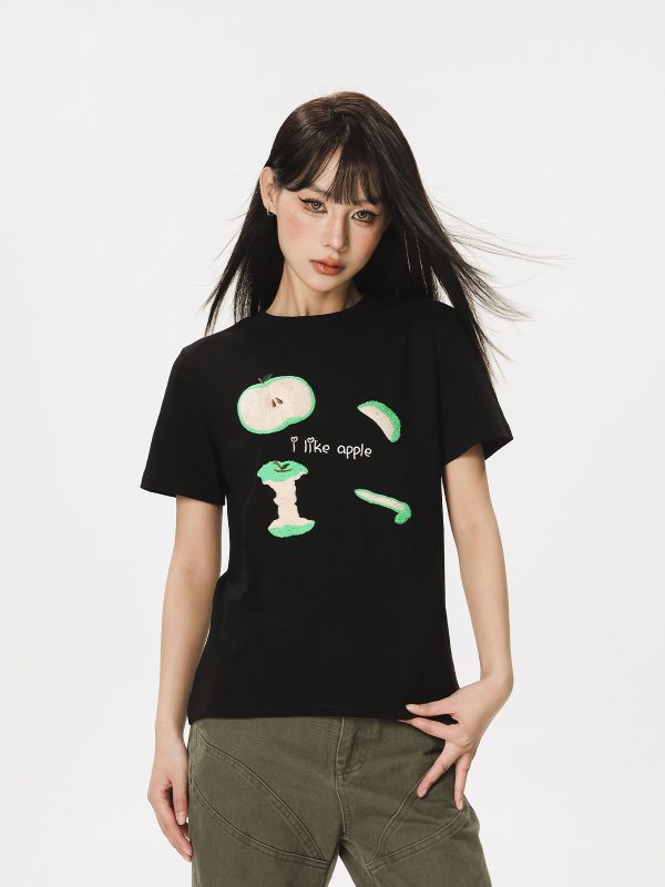 Embroidered Apple Short Sleeve T-Shirt for Women - Summer 2025 Beer Captain American Style Top