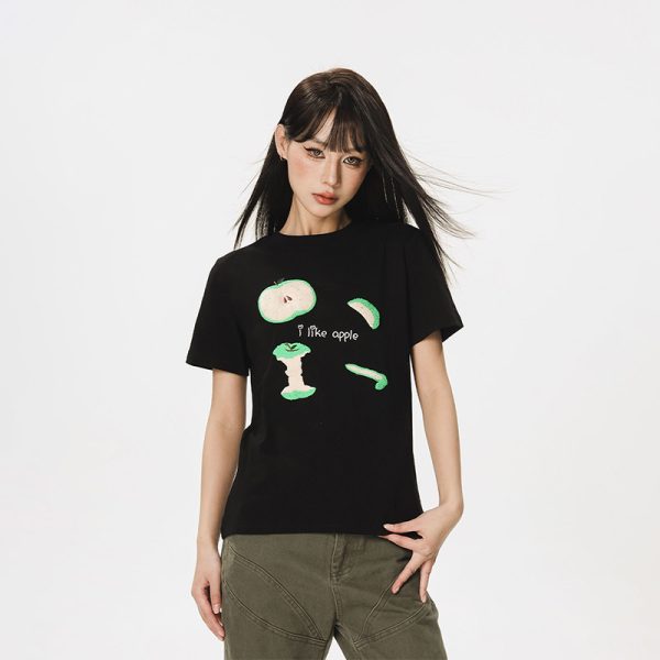 Embroidered Apple Short Sleeve T-Shirt for Women - Summer 2025 Beer Captain American Style Top