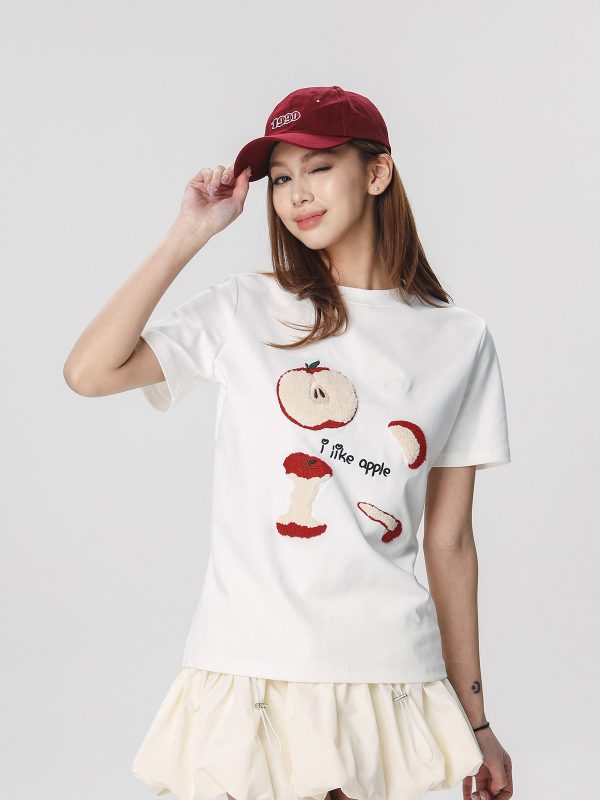 Embroidered Apple Short Sleeve T-Shirt for Women - Summer 2025 Beer Captain American Style Top