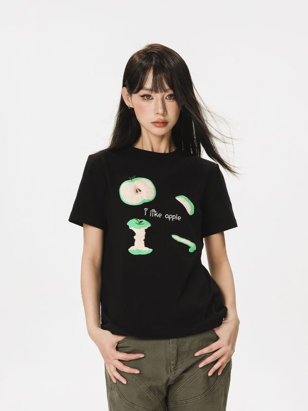 Embroidered Apple Short Sleeve T-Shirt for Women - Summer 2025 Beer Captain American Style Top