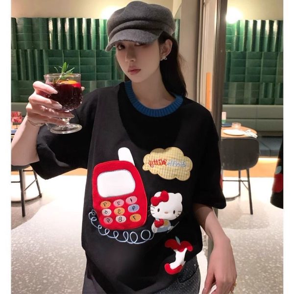Embroidered Cartoon Color-Blocking Short-Sleeve T-Shirt for Women - Summer 2023 Trendy Cotton Top